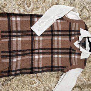 Tahari Neutral Collared Plaid Twofer Sweater Mini Dress